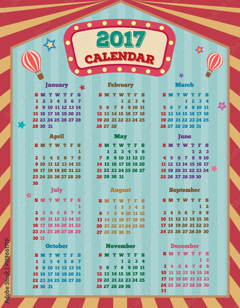 Twelve month calendar template for 2017 with retro carnival design theme  background concept illustration vector. Stock Vector | Adobe Stock
