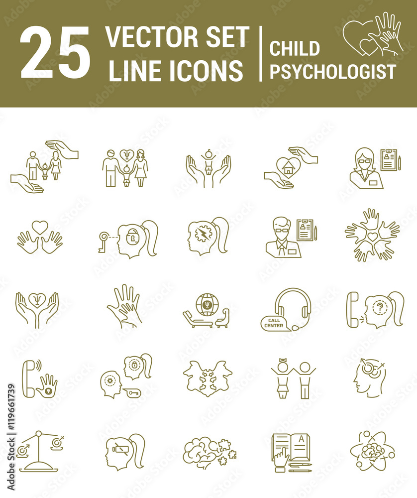 Set vector line icons in flat design with psychological help for