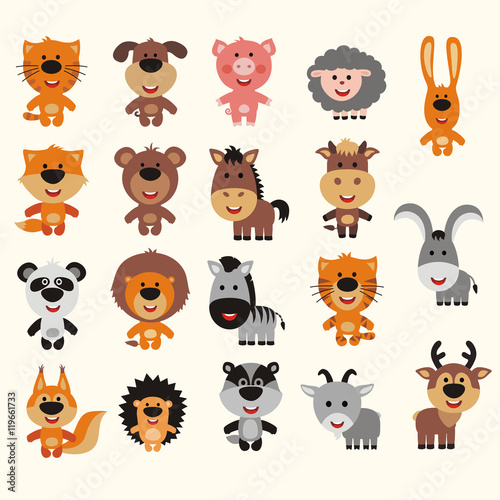 Big vector set animals. Collection of isolated animals in cartoon style. Smiling animals  forest  asia  africa  farm  domestic