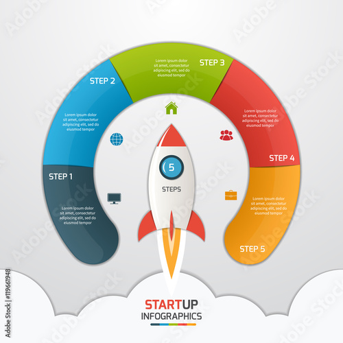 5 steps startup circle infographic template with rocket. Business concept. Vector illustration.