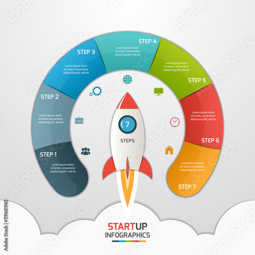 7 steps startup circle infographic template with rocket. Business concept. Vector illustration.