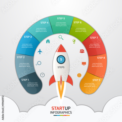 9 steps startup circle infographic template with rocket. Business concept. Vector illustration.