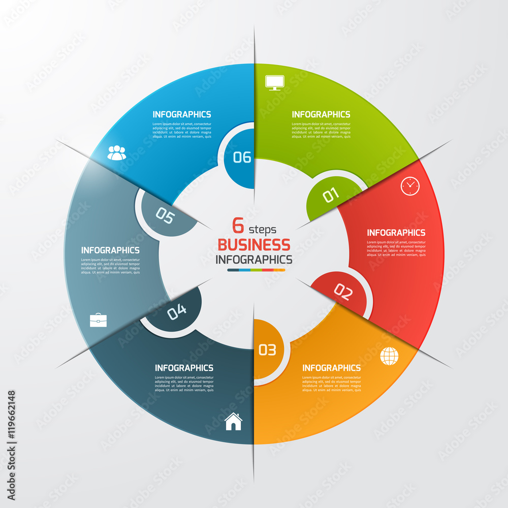 Fototapeta premium 6 steps pie chart circle infographic template. Business concept. Vector illustration.