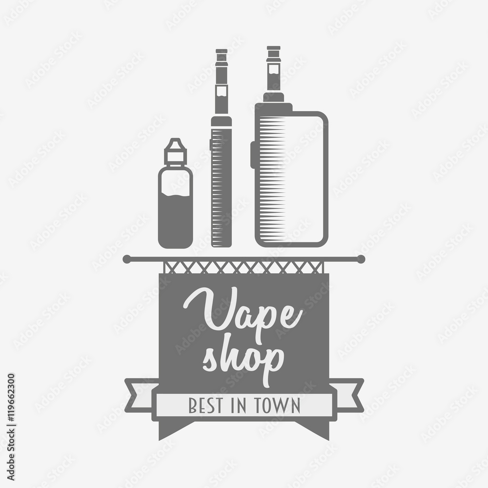 Vape shop logo or symbol design concept. Vaping box mod and vapor cloud vector illustration isolated on white background. Vape shop logo or symbol design concept. Vaping box mod and vapor cloud vector illustration isolated on white background.