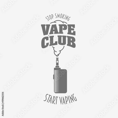 Vape club badge, logo or symbol design concept. Vaping box mod and vapor cloud vector illustration isolated on white background. Can be used for advertising vape shop, electronic cigarettes store
