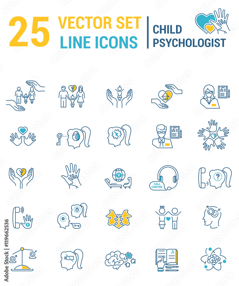 Set vector line icons in flat design with psychological help for