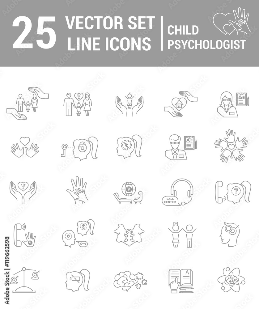 Set vector line icons in flat design with psychological help for