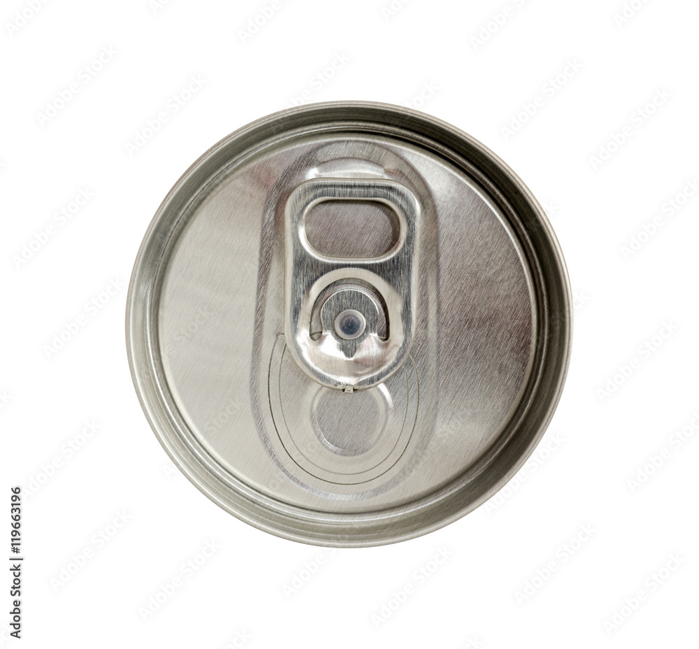 Top view of beverage can with silver ring pull isolated on white Top view of beverage can with silver ring pull isolated on white