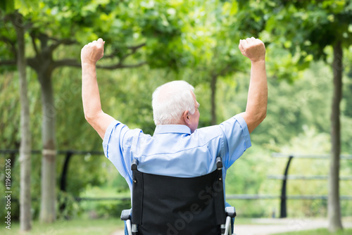 Senior Man On Wheelchair Raising His Arm