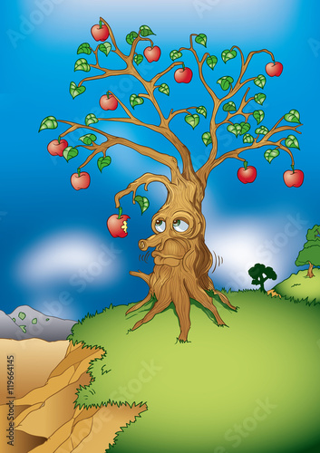 An apple tree with faceeating his own fruits