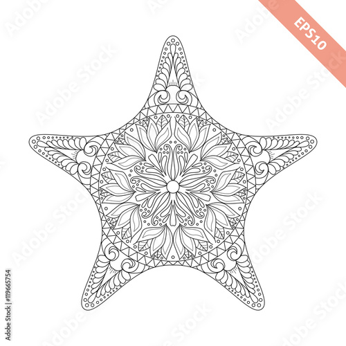 Vector illustration cartoon starfish with doodle ornament. Design for coloring book page. Decorative element