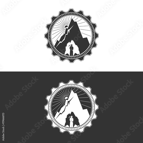 Miner against Mountains in Gear on White and Gray Background ,Mining Industry Logo Design Element, Mine Shaft Concept, Vector Illustration
