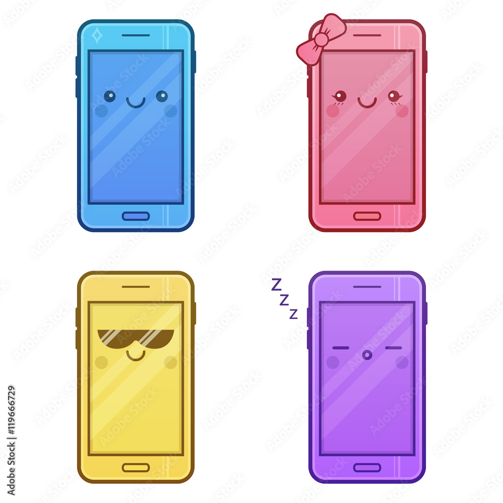 Kawaii Doodle Mobile Phones Set. Illustration of Gadgets with