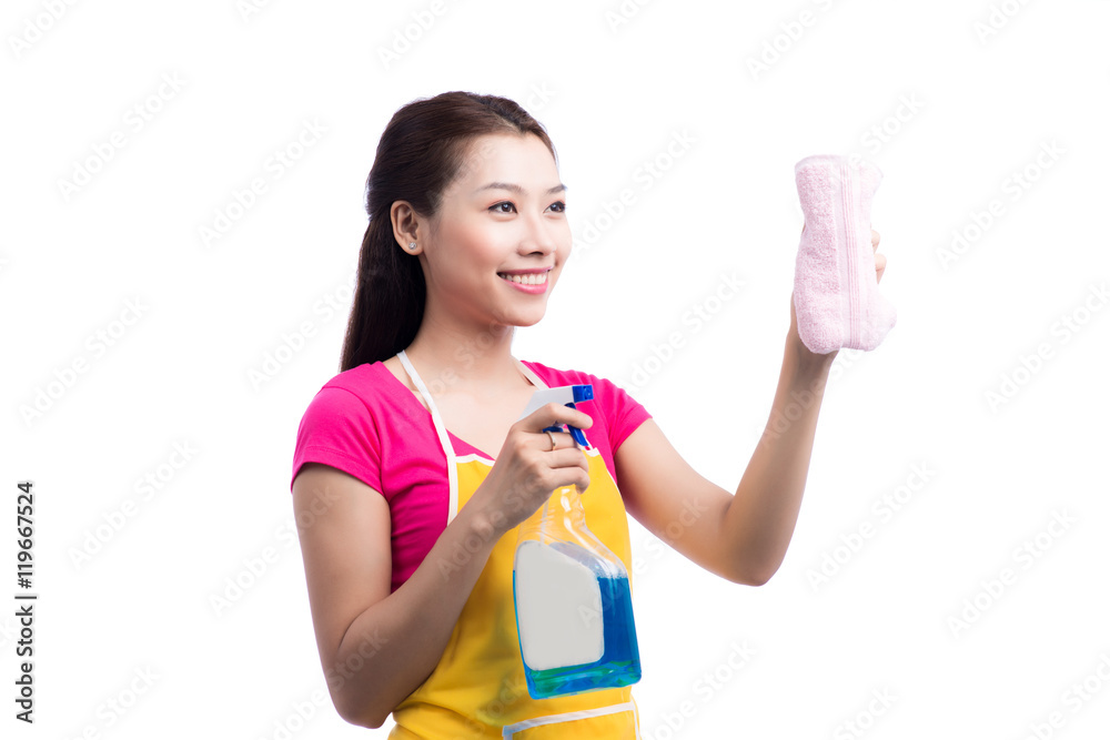 Portrait Of Happy Young Asian Maid Cleaning Glass With Sponge Portrait Of Happy Young Asian Maid Cleaning Glass With Sponge