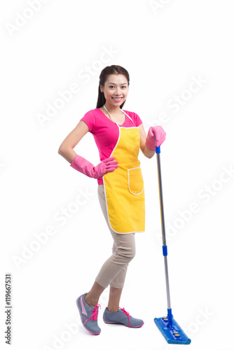 Portrait Of Young Asian housewife Cleaning Floor With Mop in ful