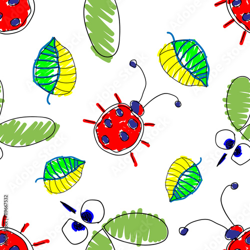 Seamless vector pattern with insect. Cute hand drawn endless background with childish ladybugs, mosquito and leaves. Series of Doodle, Cartoon and Sketch vector seamless patterns. © Valentain Jevee