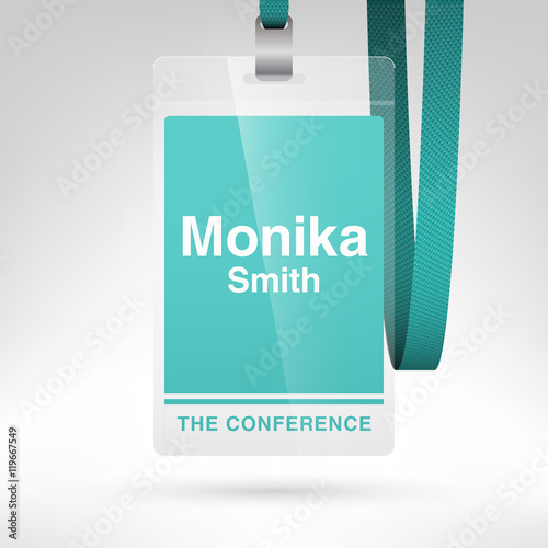 Conference badge with name tag placeholder. Blank badge template in plastic holder with lanyard. Vector illustration.