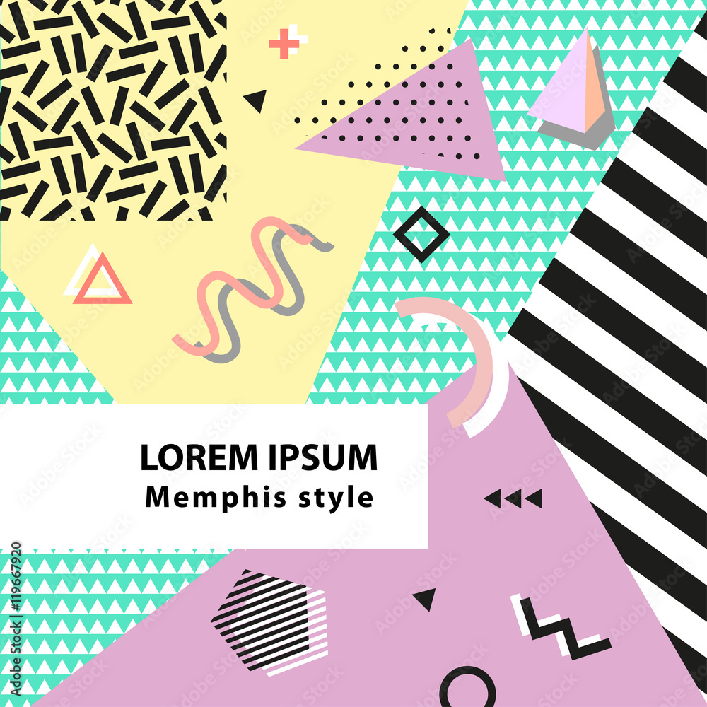 Obraz premium Retro vintage 80s or 90s fashion style. Memphis cards. Trendy geometric elements. Modern abstract design poster, cover, card design. Vector illustration.