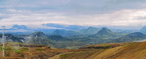 Icelandic landscape - panoramic view on amazing mountains at the Laugavegur hiking trail near Alftavatn in Iceland
