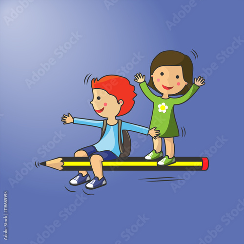 Concepto de vuelta al colegio. Un niño y una niña sobre un lápiz