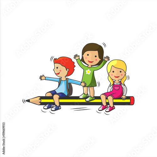 Concepto de vuelta al colegio. Unos niños sobre un lápiz