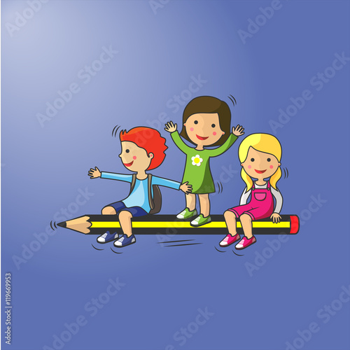 Concepto de vuelta al colegio. Unos niños sobre un lápiz