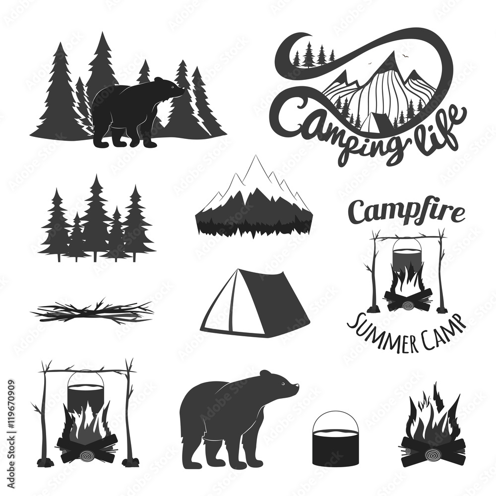 Vector vintage set of icons, emblems, logos and labels. Bears