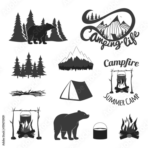 Vector vintage set of icons, emblems, logos and labels. Bears silhouettes, forest, campfire, camping, tent, pan, mountains.