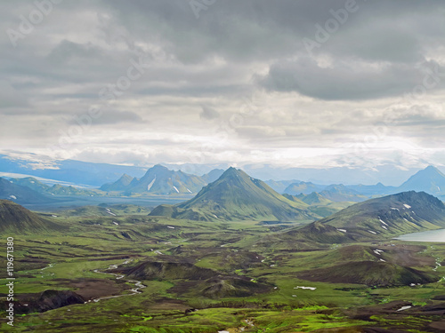 Icelandic landscape - view on amazing mountains at the Laugavegur hiking trail near Alftavatn in Iceland