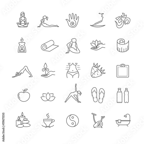 Thin line yoga icons set. health life
