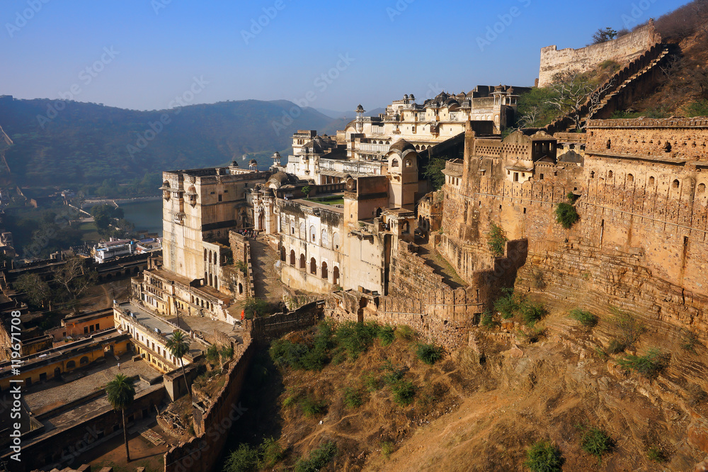 Taragarh fort in Bundi city, one of the biggest indian castles, typical medieval fortress and palace, sample of defensive architecture in Rajasthan, India