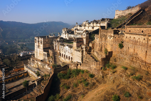 Taragarh fort in Bundi city, one of the biggest indian castles, typical medieval fortress and palace, sample of defensive architecture in Rajasthan, India photo