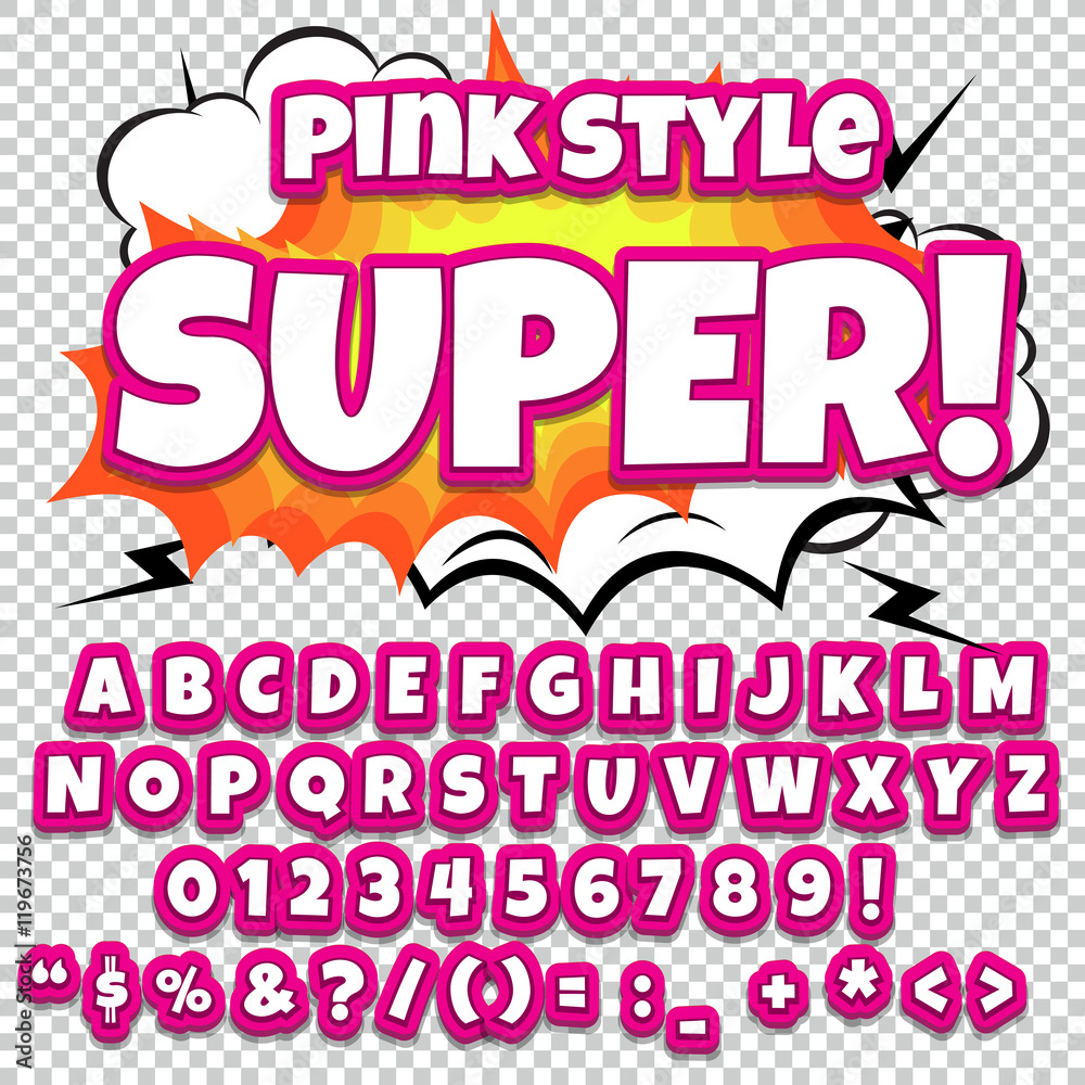 Creative high detail comic font. Alphabet in style of comics, pop art. Letters and figures for decoration of kids