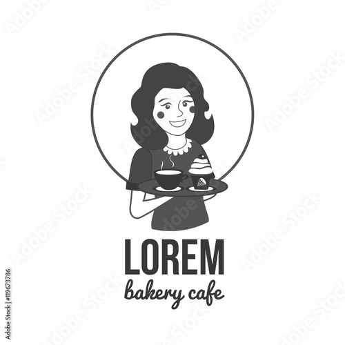 Vintage vector illustration with cute waitress, coffee cup and cake. Logo, label or emblem for bakery, cafe, restaurant or shop
