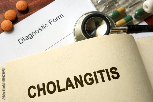 Page with word Cholangitis and glasses. Medical concept. photo