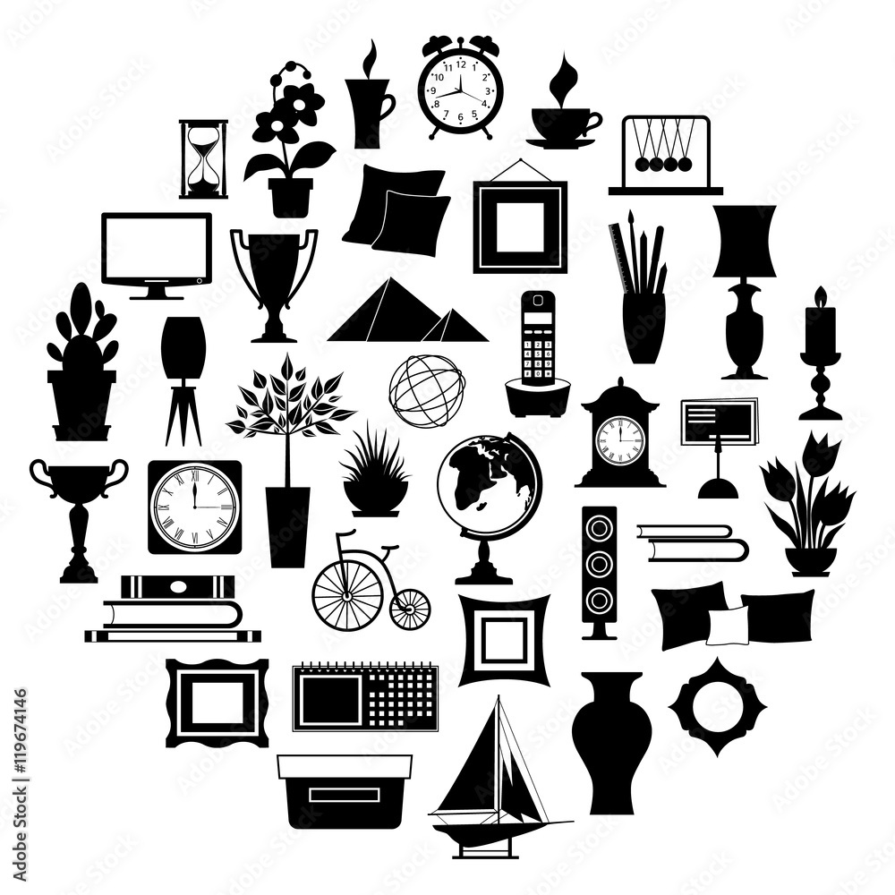 Silhouette of home decor. Set of accessories, icons and souvenirs isolated  on white background. Vector illustration. Elements of interior design.  Stock Vector | Adobe Stock