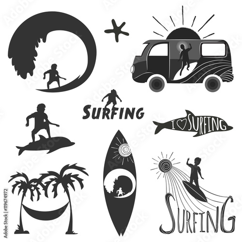 Vector set of vintage surfing labels, emblems or logos. Surfboard, rider silhouettes, dolphin, minivan and waves