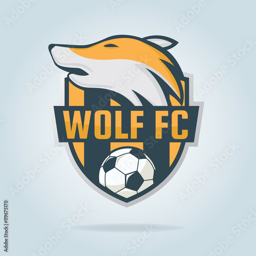 Football logo design with wolf graphic , soccer  shield , vector