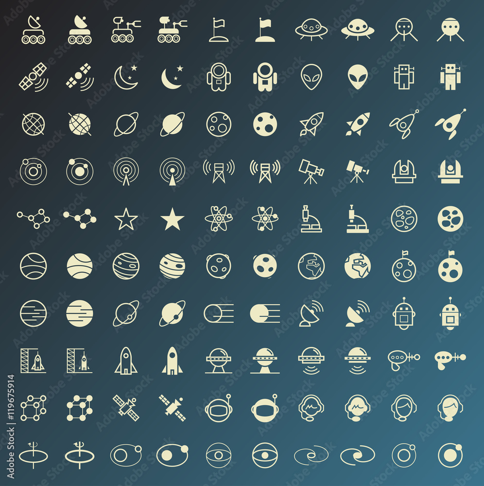 Obraz premium Set of 100 Minimal and Solid Space Icons. Vector Isolated Elements.