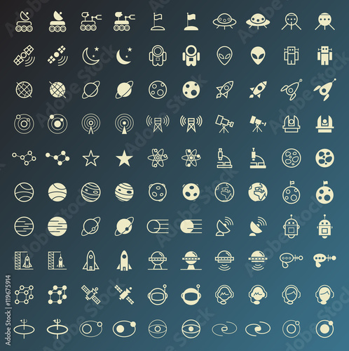 Set of 100 Minimal and Solid Space Icons. Vector Isolated Elements.
