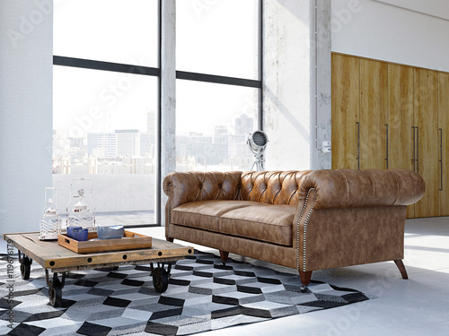 loft apartment in the city with vintage sofa. 3d rendering photo