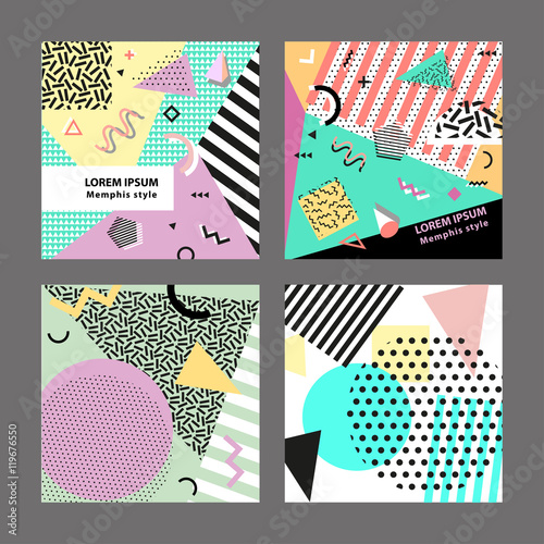 Retro vintage 80s or 90s fashion style. Memphis cards. Trendy geometric elements. Modern abstract design poster, cover, card design. Vector illustration. Big set.