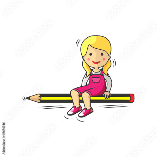 Concepto de vuelta al colegio. Niña sobre un lápiz