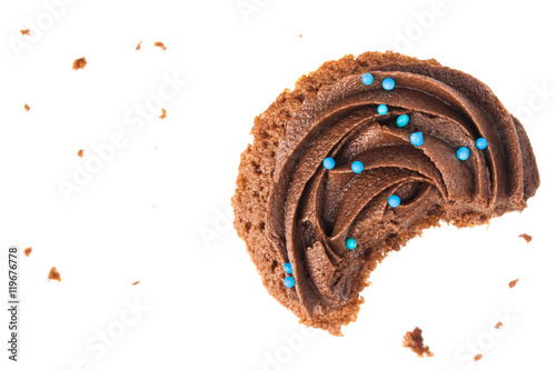 Chocolate cup cake isolated on white background.