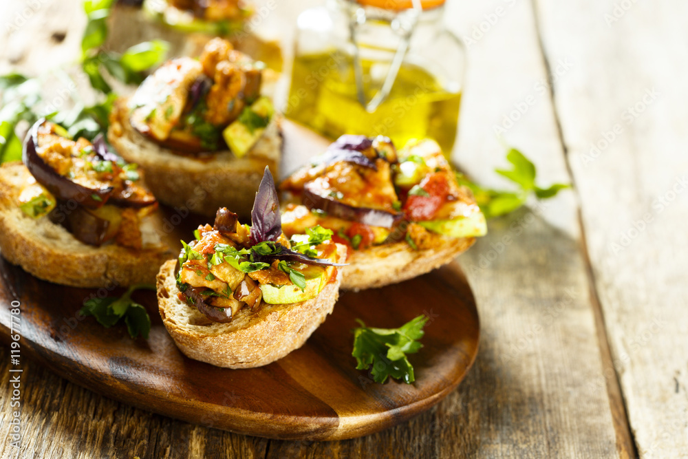 Homemade bruschettas with mushrooms and vegetables
