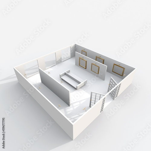 3d interior rendering perspective view of furnished museum