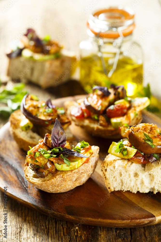 Homemade bruschettas with mushrooms and vegetables Homemade bruschettas with mushrooms and vegetables