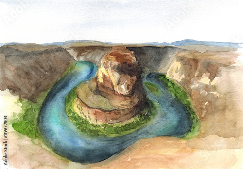 Watercolor hand drawn illustration of landscape Grand Canyon Arizona art on paper