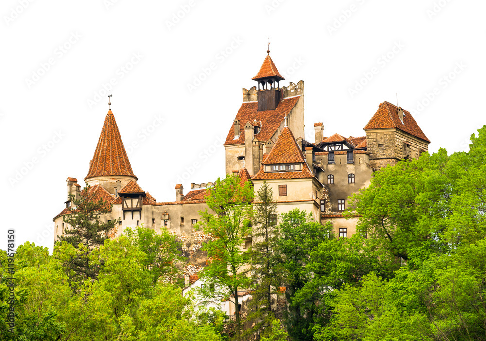 Famous medieval Dracula castle of Bran, in Brasov region, isolated on white background, in Eastern Europe, Romania