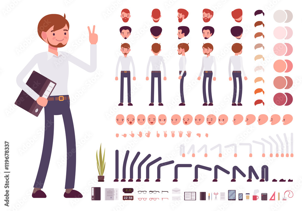 Male clerk character creation set. Build your own design. Cartoon vector flat-style infographic illustration - obrazy, fototapety, plakaty 